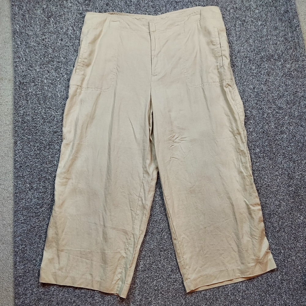 Kate Hill 100% Linen High Rise Cropped Capri Cream Pants Size 16